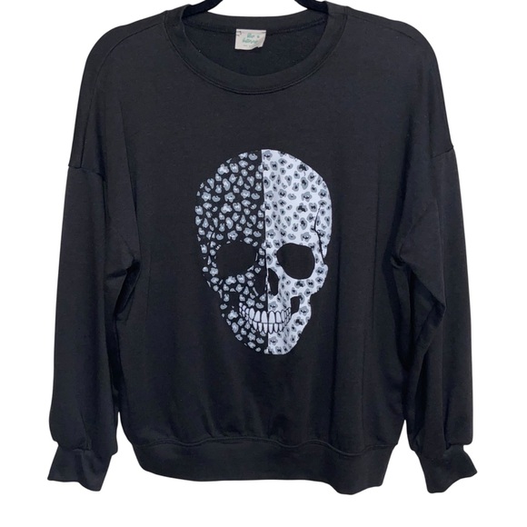 Blue Buttercup Tops - Blue Buttercup Sweatshirt Womens Small Black Skull Graphic Print Goth Oversized